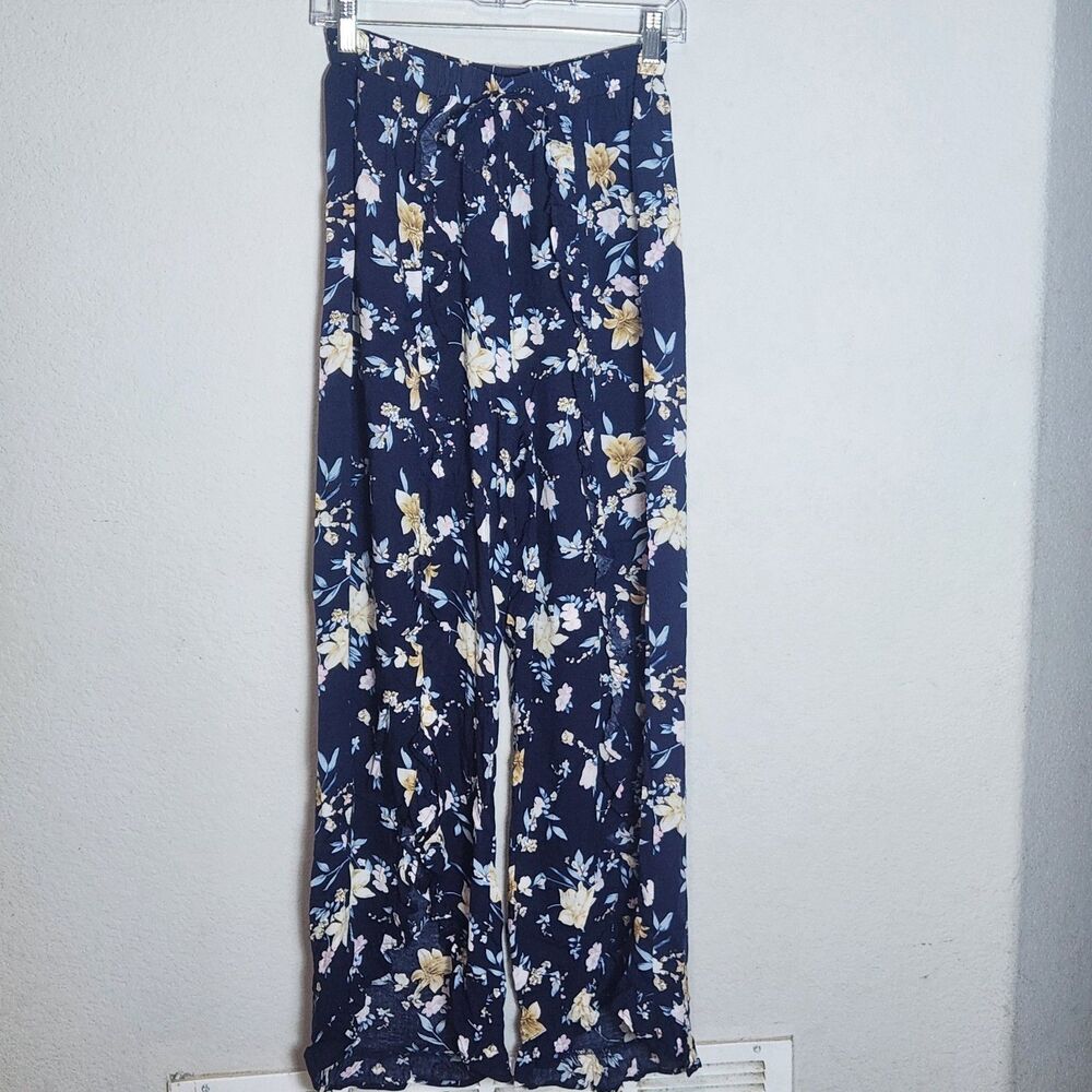 Welove Fashion Womens Navy Floral Wide Leg Pants Ruffle Bow Stretch Casual Boho